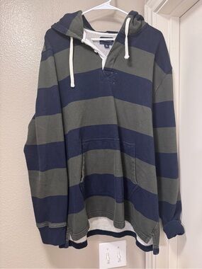 J. Crew Navy & Olive Striped Hooded Pullover
